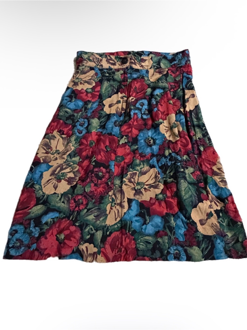 Wrapper Floral A-Line Midi Skirt in Red, Blue & Beige